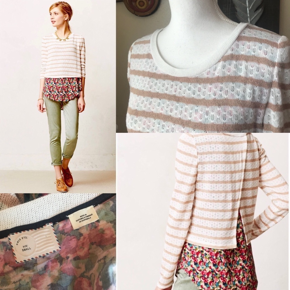 Anthropologie Postmark Ginny Mixed Media Striped Floral Back Sweater - Small